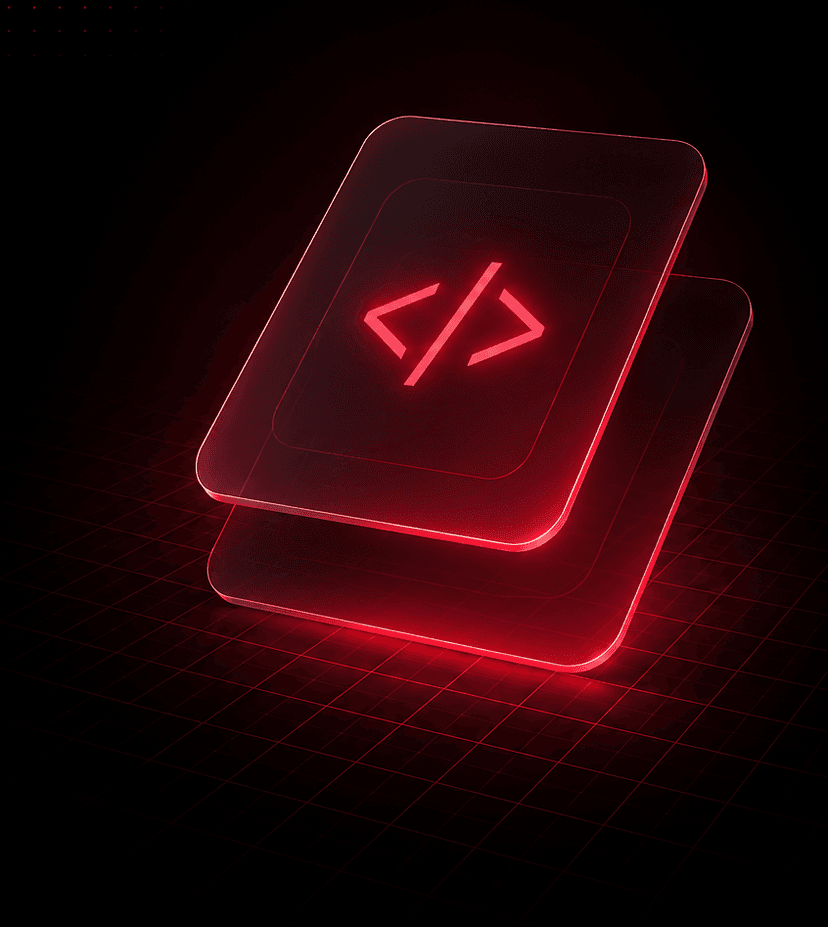 Technology stack illustration with code and tech icons